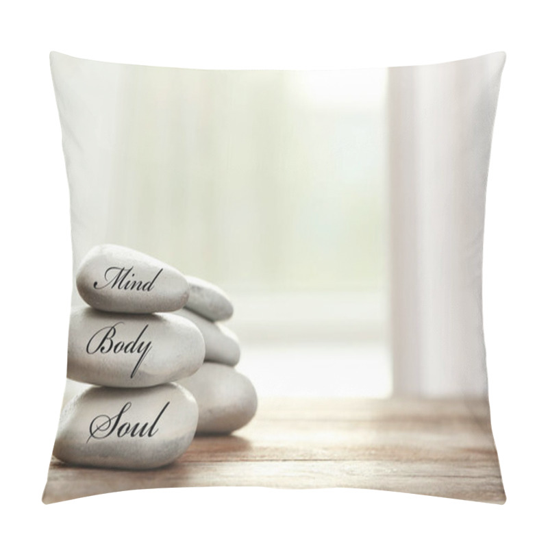 Personality  Stack Of Zen Stones With Words Mind, Body, Soul On Table In Room Pillow Covers