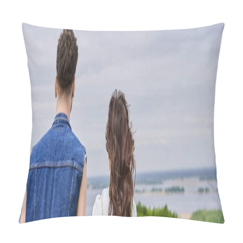 Personality  Back View Of Stylish Brunette Romantic Couple In Summer Outfits Standing With Blurred Cloudy Sky And Rural Landscape At Background, Countryside Retreat Concept, Banner Pillow Covers