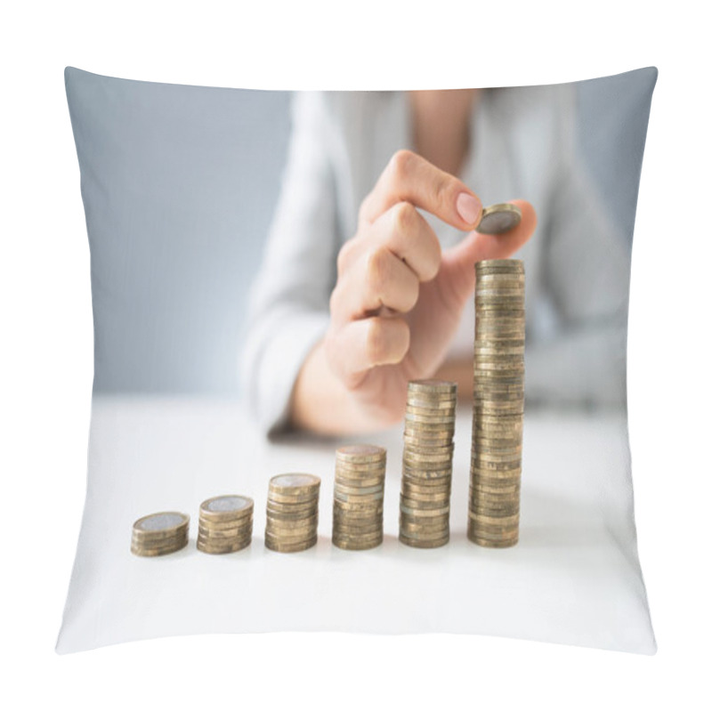 Personality  Close-up Of Businesswoman Hand Put Coins To Stack Of Coins Pillow Covers