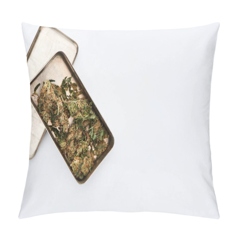 Personality  Top View Of Marijuana Buds In Metal Case On White Background Pillow Covers