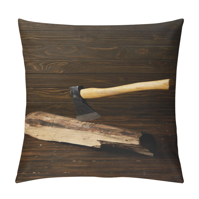 Personality  Close Up Shot Of Sticking Axe In Log On Brown Wooden Surface Pillow Covers