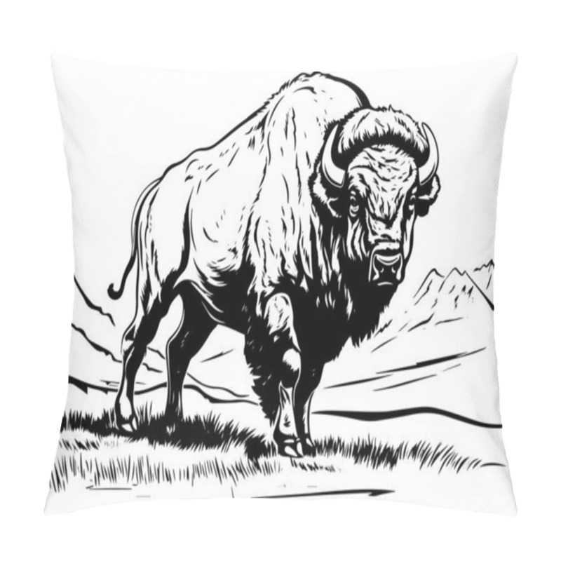 Personality  Hand Drawn Buffalo. Vector Illustration Of Bull Ink Sketch Engraving Style Pillow Covers