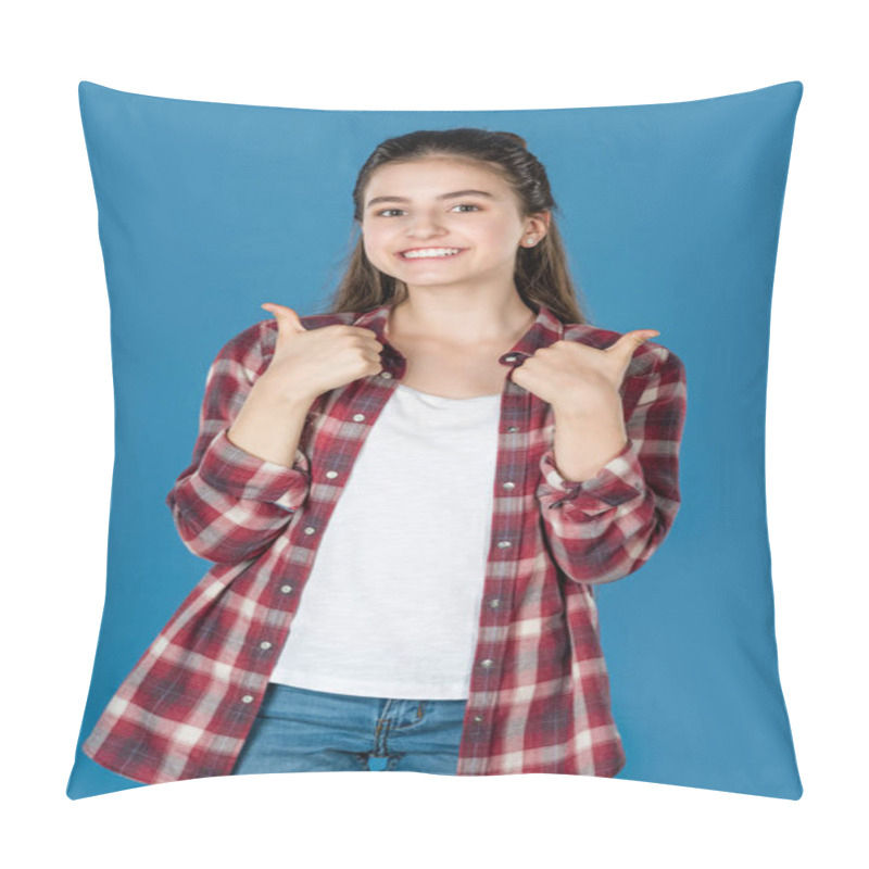 Personality  Teen Girl Showing Thumb Up Pillow Covers