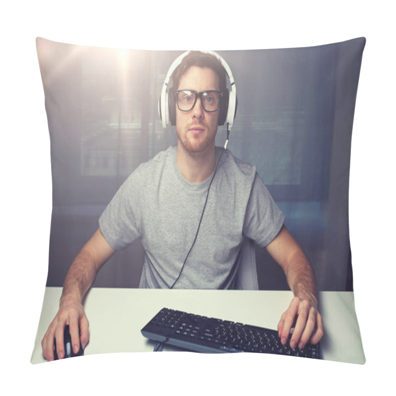 Personality  Man In Headset Playing Computer Video Game At Home Pillow Covers