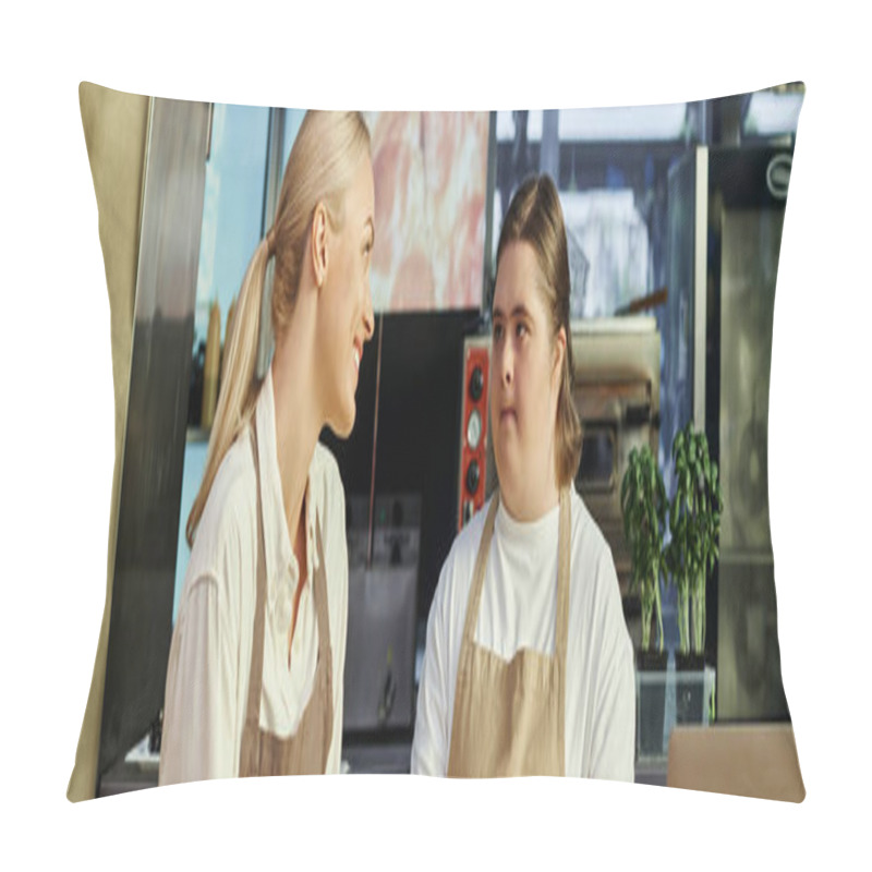 Personality  Positive Administrator Talking To Young Female Employee With Down Syndrome In Modern Cafe, Banner Pillow Covers