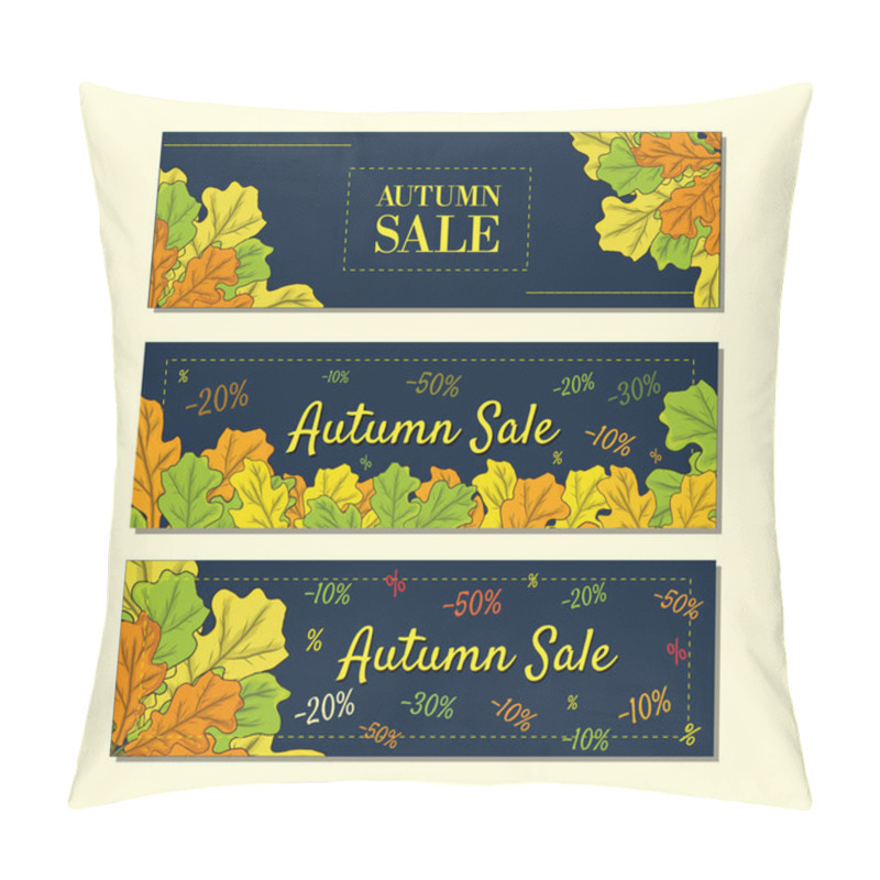 Personality  Vector Set Of Autumn Banners. Three Templates For Your Design. Various Bright Fall Leaves And Hand-lettering. There Are Places For Your Text On White Area. Pillow Covers