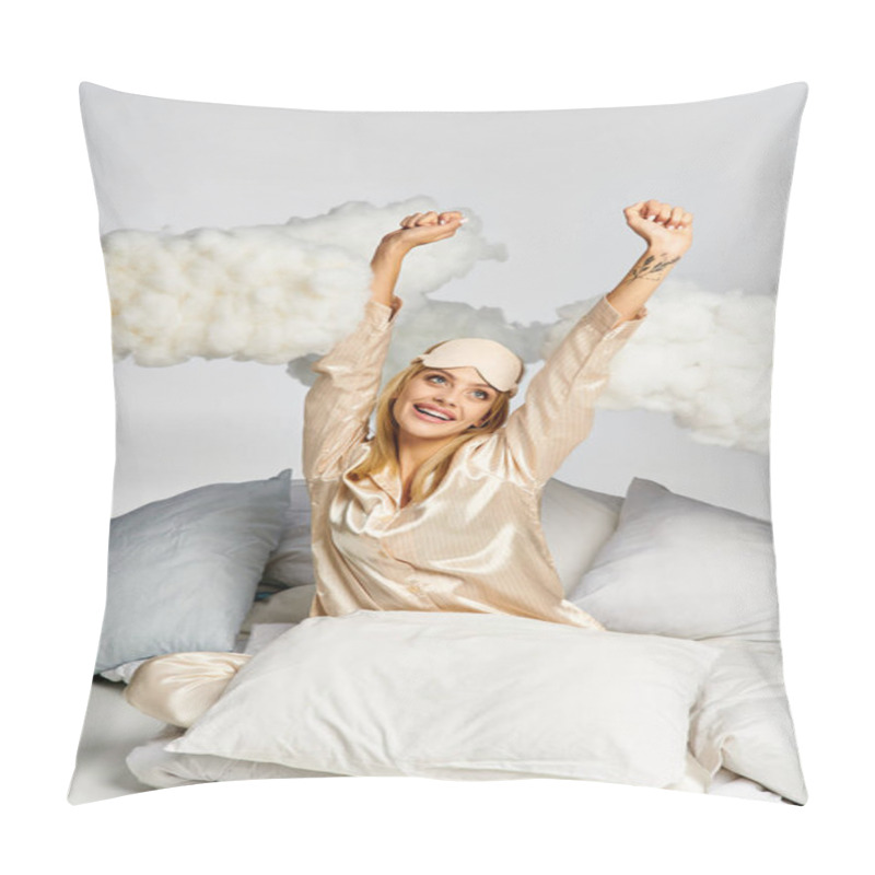 Personality  A Dreamy Blonde Woman In Cozy Pajamas Sits Among Pillows On A Bed. Pillow Covers