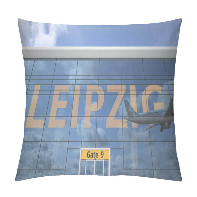 Personality  LEIPZIG Text Revealed With Landing Airplane On Airport Building. 3d Rendering Pillow Covers