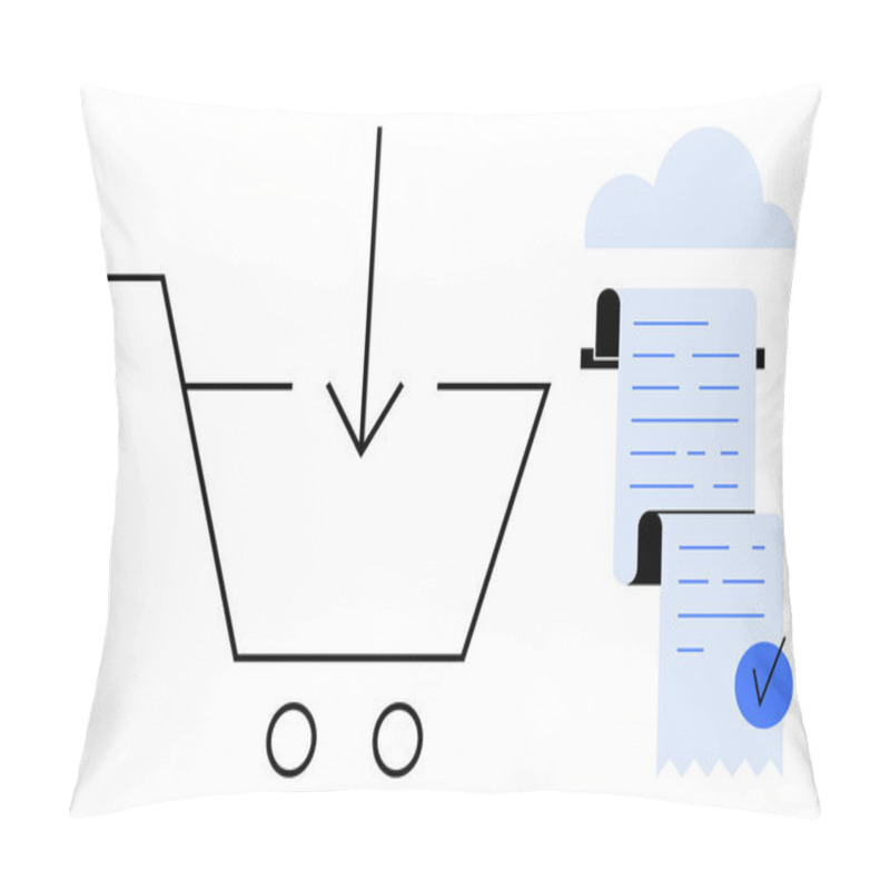 Personality  A Shopping Cart With A Downward Arrow And Cloud With Receipts. Ideal For Themes Of Online Shopping, E-commerce, Digital Transactions, Checkout Process, And Retail. Simple Line Art Style Pillow Covers