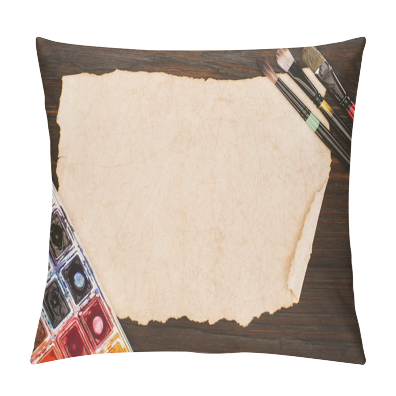 Personality  Top View Of Blank Aged Paper And Painting Supplies On Wooden Table Pillow Covers