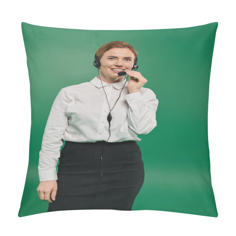 Personality  A Confident Woman In A Crisp White Shirt Is Speaking Through A Headset, Ready To Assist Callers. Pillow Covers