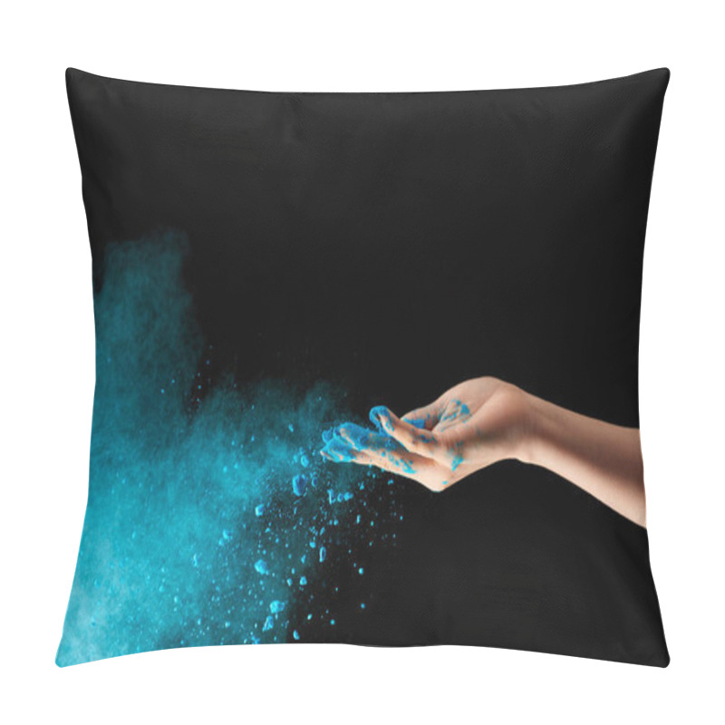 Personality  Cropped View Of Adult Woman With Blue Holi Powder On Black Background Pillow Covers