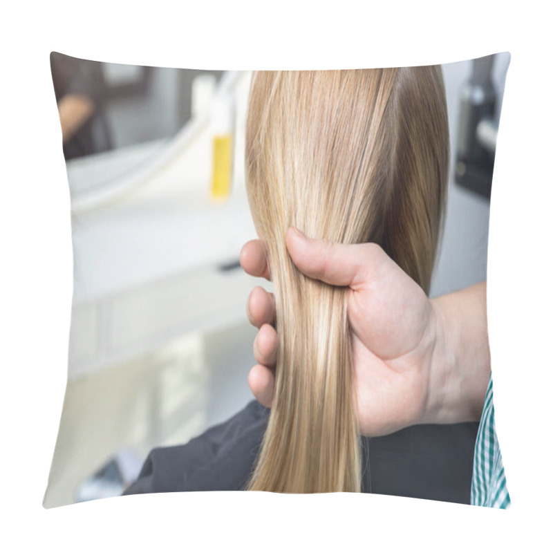 Personality  Close-up Male Professional Hairdresser Stylist Hand Hold Woman Long Strong Smooth Shining Dyed Golden Hair Lock. Female Person Client Back New Hairstyle Look At Beaty Salon. Hair Care And Treatment Pillow Covers