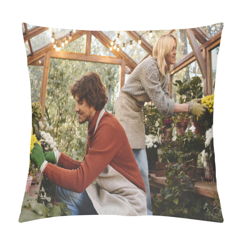 Personality  In A Bright Greenhouse, Young Loving Gay Couple Engage Joyfully In Planting Vibrant Flowers. Pillow Covers