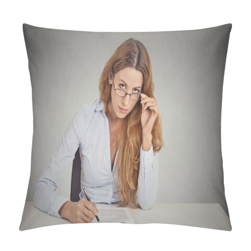 Personality  Businesswoman With Glasses Sitting At Desk Skeptically Looking At You Scrutinizing Pillow Covers