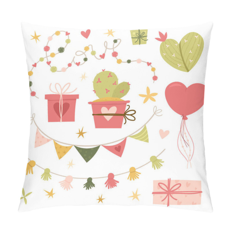 Personality  Valentine's Day Flat Illustration. Collection Design Elements With Cactus, Lovely Flowers, Hearts. Gifts, Balloon, Ribbons. . Greeting Card Or Invitation In Trendy Style.Vector Illustration Pillow Covers