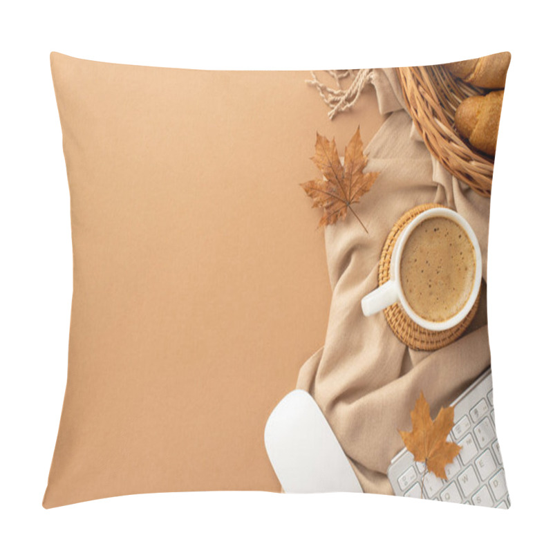 Personality  Autumn Business Concept. Top View Photo Of Cup Of Coffee Rattan Placemat Wicker Tray With Croissants Computer Mouse Keyboard Yellow Maple Leaves And Scarf On Isolated Beige Background With Copyspace Pillow Covers