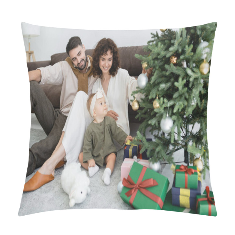 Personality  Happy Parents And Infant Girl Sitting Near Gift Boxes Under Decorated Christmas Tree  Pillow Covers