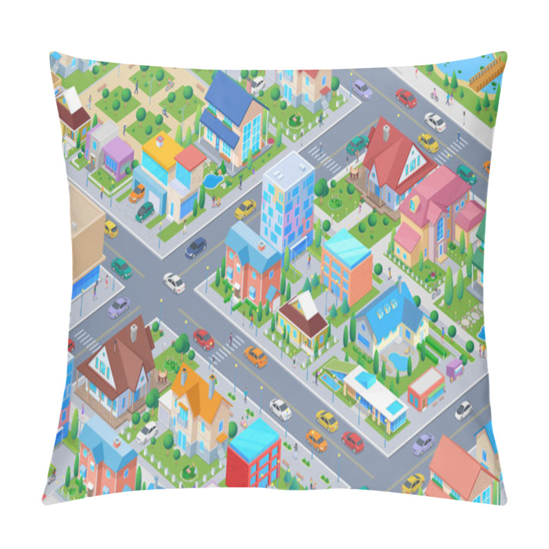 Personality  Isometric Smart City District With Different Buildings Flat Vect Pillow Covers