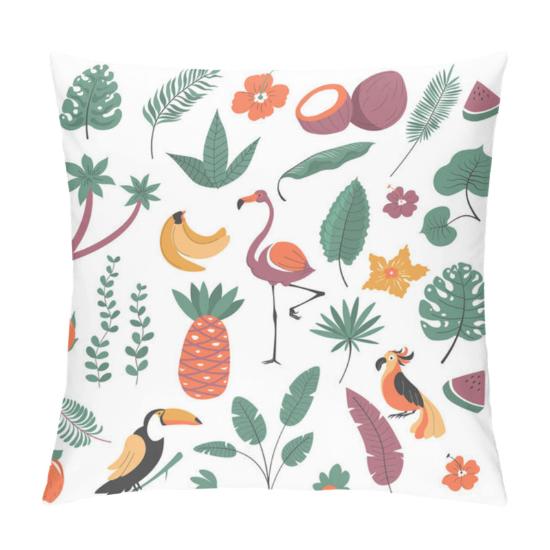 Personality  Exotic Flora And Fauna, Birds And Plants Of Tropics. Isolated Palm Tree, Bushes And Flowers. Flamingo And Monstera, Passion Fruit And Banana, Watermelon Slice. Vector In Flat Style Illustration Pillow Covers