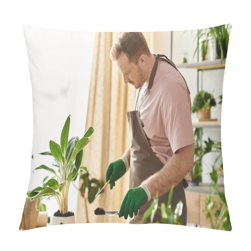 Personality  A Man In An Apron And Green Gloves Expertly Prepares A Potted Plant In A Charming Plant Shop Setting. Pillow Covers