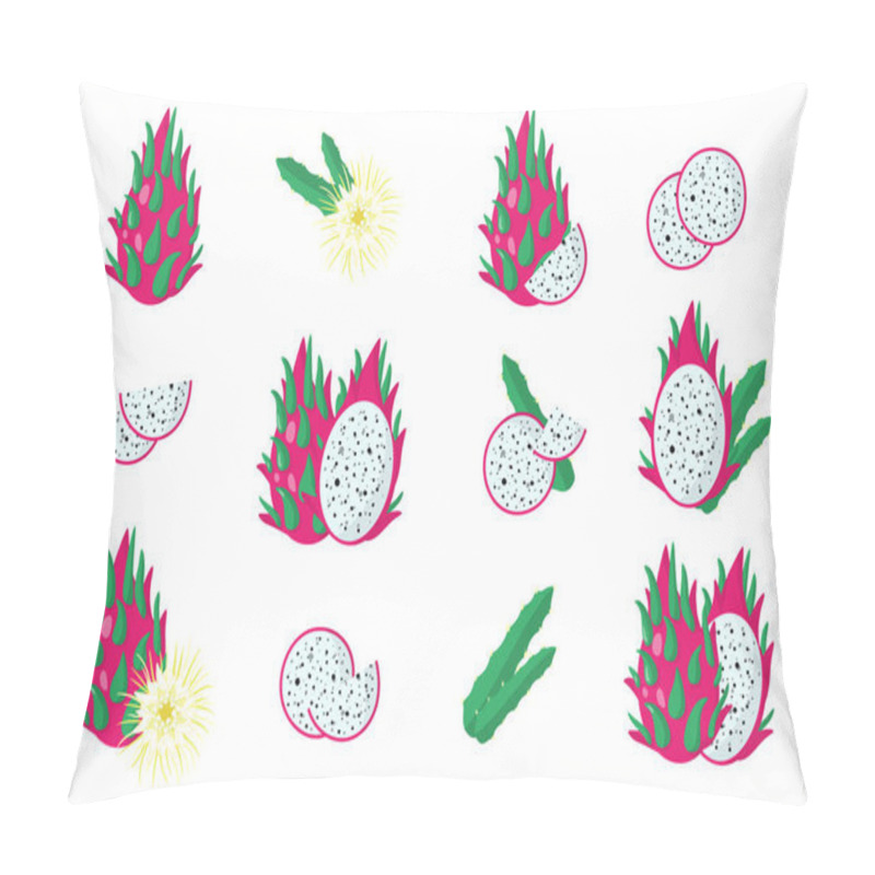 Personality  Set Of Illustrations With Pitaya Exotic Fruits, Flowers And Leaves Isolated On A White Background. Isolated Vector Icons Set. Pillow Covers