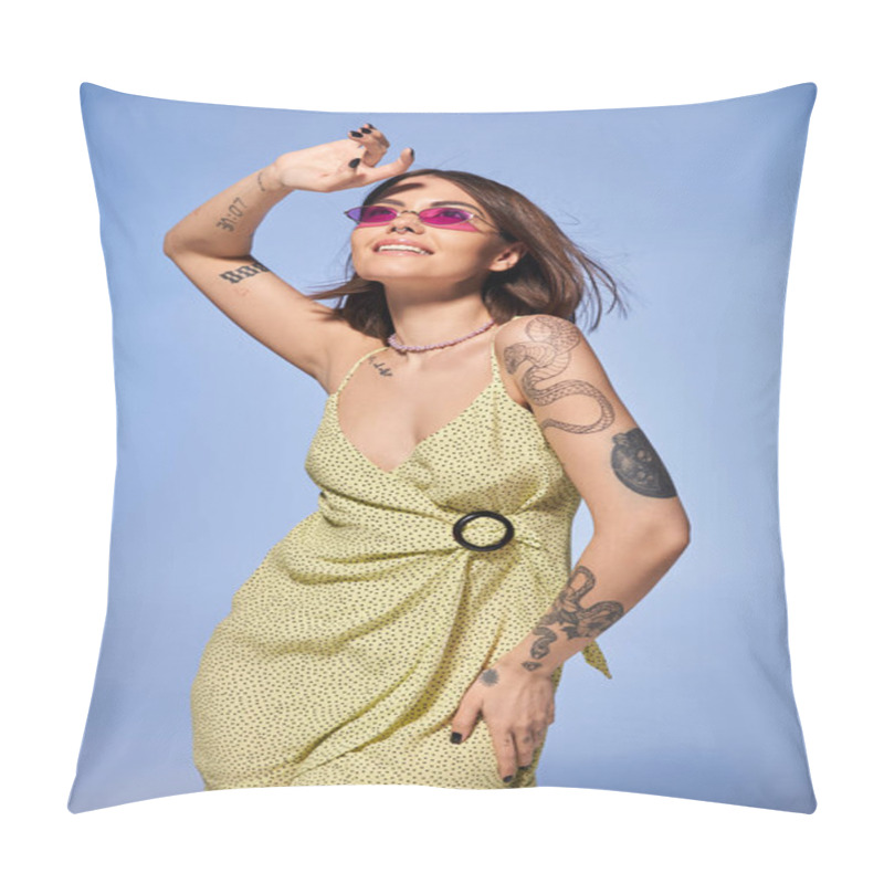 Personality  A Brunette Woman In A Stunning Yellow Dress Proudly Shows Off Her Intricate Arm Tattoos In A Studio Setting. Pillow Covers