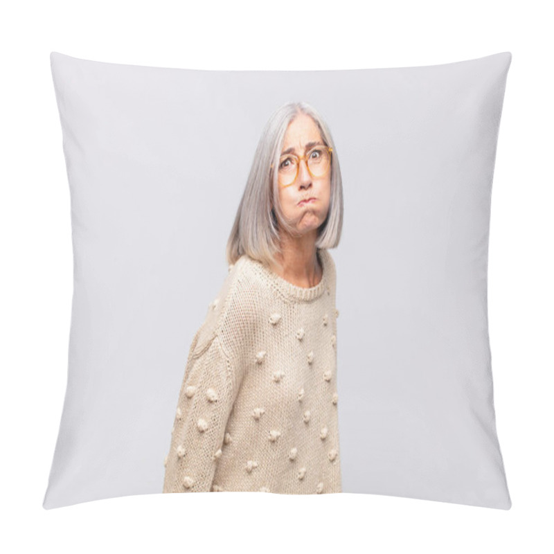 Personality  Gray Haired Woman With A Goofy, Crazy, Surprised Expression, Puffing Cheeks, Feeling Stuffed, Fat And Full Of Food Pillow Covers