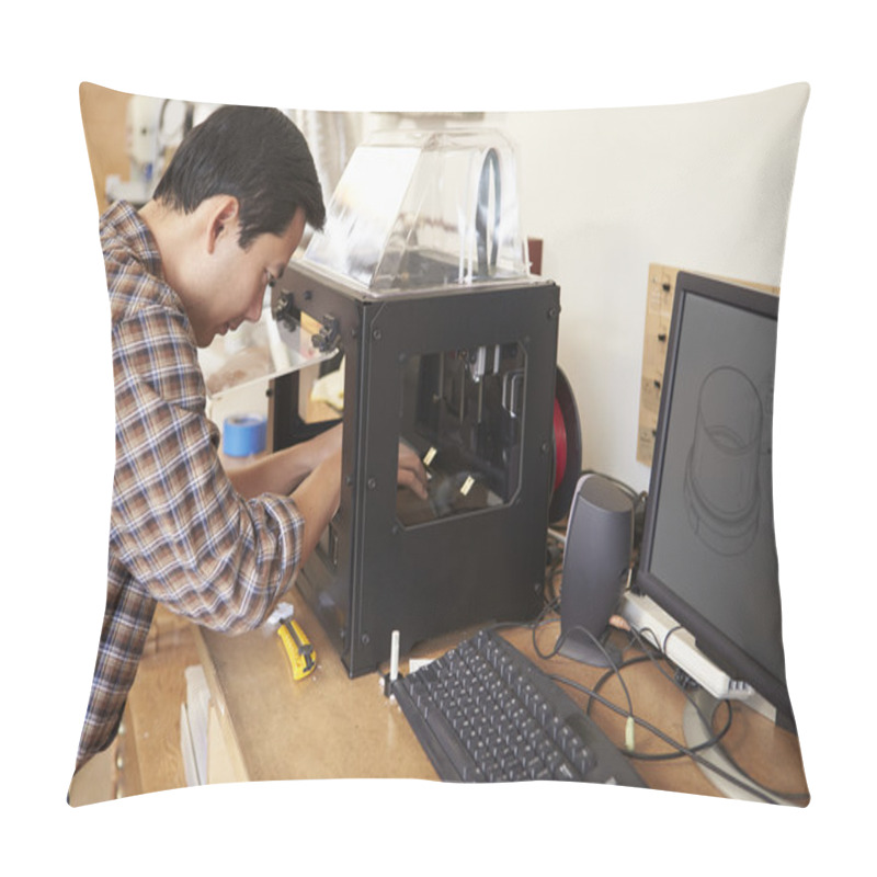 Personality  Male Architect Using 3D Printer In Office Pillow Covers