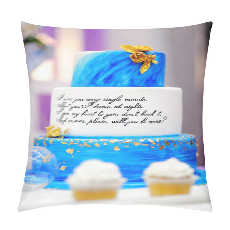 Personality  Sweet Table Set With Blue Cake And Cupcakes On Wedding Party Pillow Covers