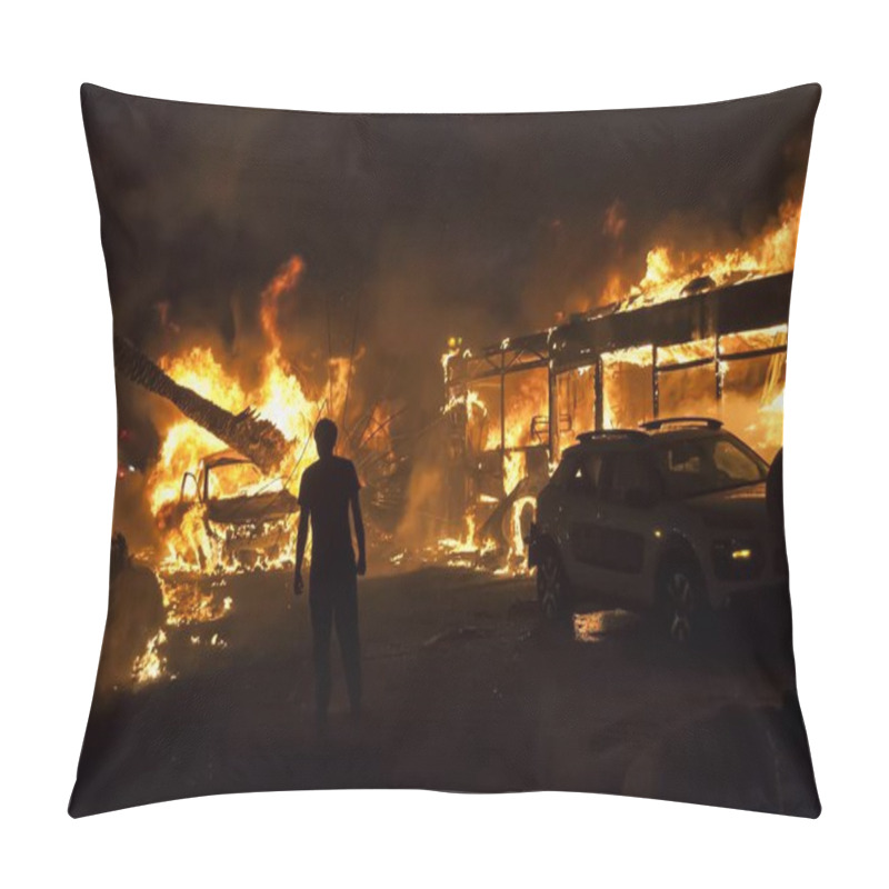 Personality  HOLON, ISRAEL. May 11, 2021. Person In Shock Looking At The Burning Bus And Cars, Immediate Aftermath Of The Palestinian Rocket Hitting A Passenger Bus In Central Israel. Israel Hamas Gaza War Concept Image. Guardian Of The Walls Operation. Pillow Covers