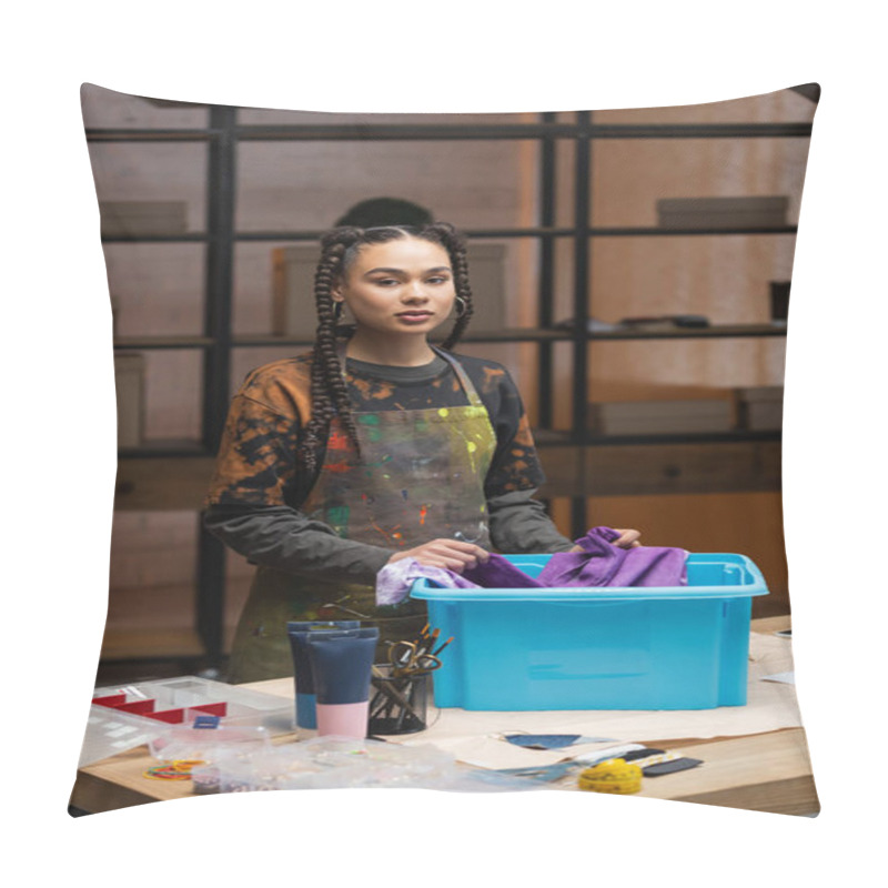 Personality  African American Designer Holding Cloth Near Box And Looking At Camera In Workshop  Pillow Covers