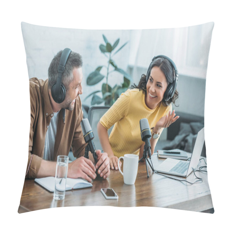 Personality  Two Radio Hosts In Headphones Laughing While Recording Podcast In Studio Together Pillow Covers