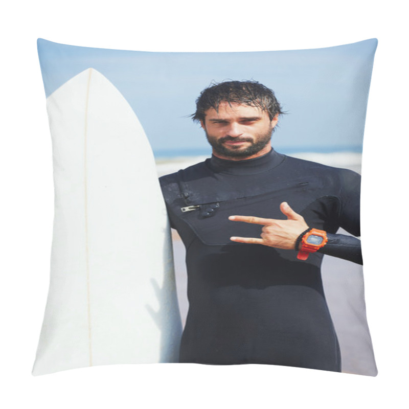 Personality  Portrait Of Hipster Guy With White Surfboard Standing On Ocean The Beach, Professional Surfer Man Dressed In Wetsuit Ready To Surfing On Big Waves, Happy Surfer Holding His Board At Sunny Summer Day Pillow Covers