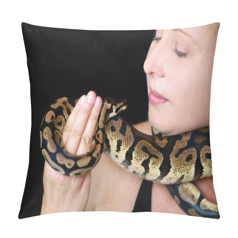 Personality  Portrait Of Girl With Royal Python Snake. Woman Holds Ball Python Snake Around Neck And In Hands, Posing In Front The Camera. Exotic Tropical Cold-blooded Reptile Animal, Python Regius Species Snake. Pillow Covers