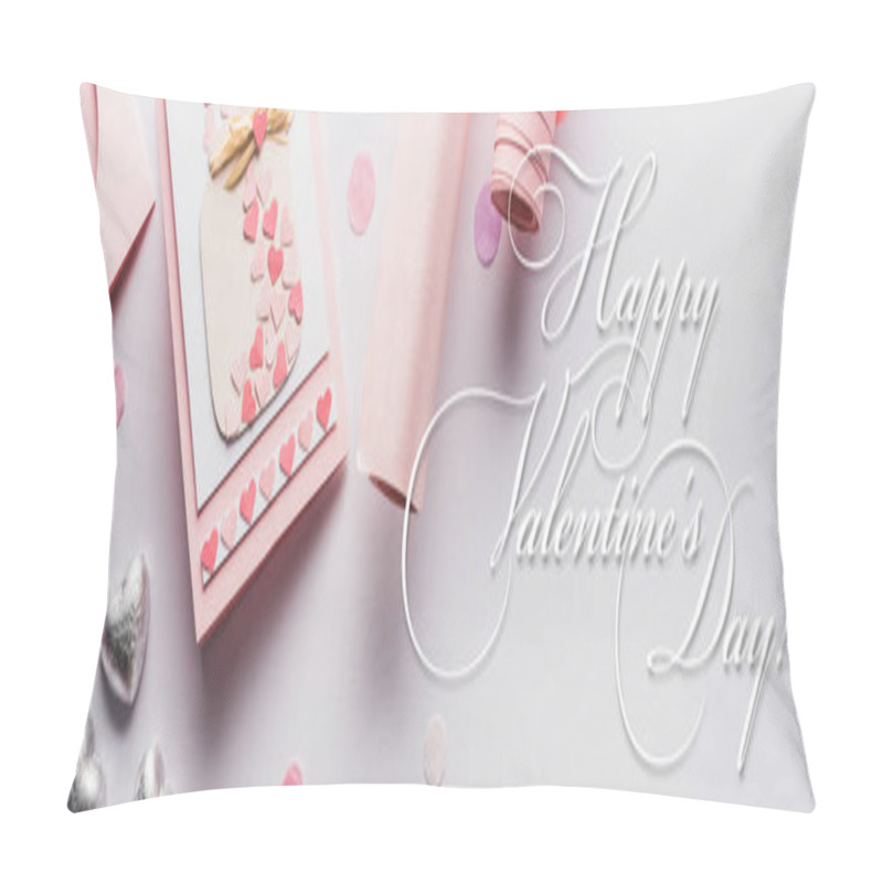 Personality  Top View Of Valentines Decoration, Greeting Card, Hearts And Wrapping Paper On White Background With Happy Valentines Day Illustration, Panoramic Shot Pillow Covers