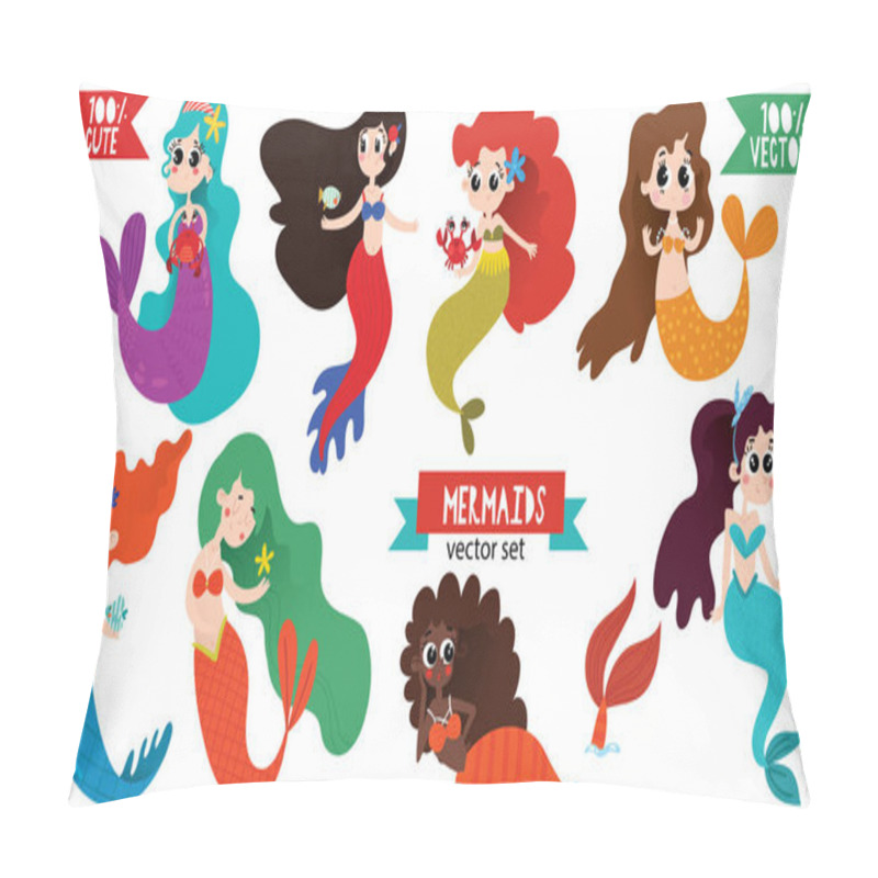 Personality  Set Of Cute Cartoon Mermaids. Awesome Childish Collection In Cartoon Style - Stock Vector Pillow Covers