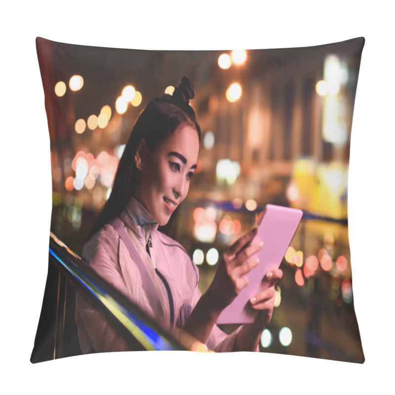 Personality  Attractive Asian Girl Using Tablet On Street With Neon Light In Evening, City Of Future Concept Pillow Covers