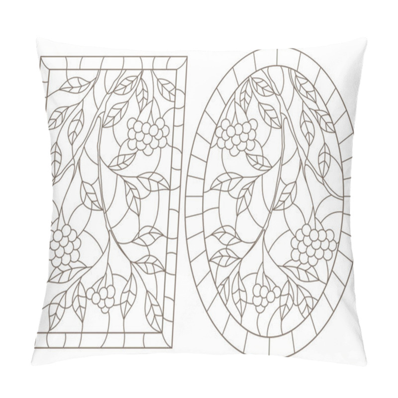 Personality  A Set Of Contour Illustrations Of Stained Glass Windows With Branches, Leaves And Berries Of Rowan, Dark Contours On A White Background, Rectangular And Oval Image Pillow Covers