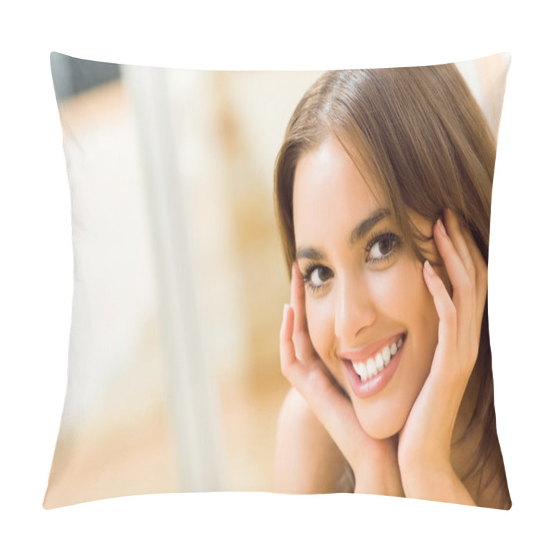 Personality  Happy Smiling Beautiful Woman, At Home Pillow Covers