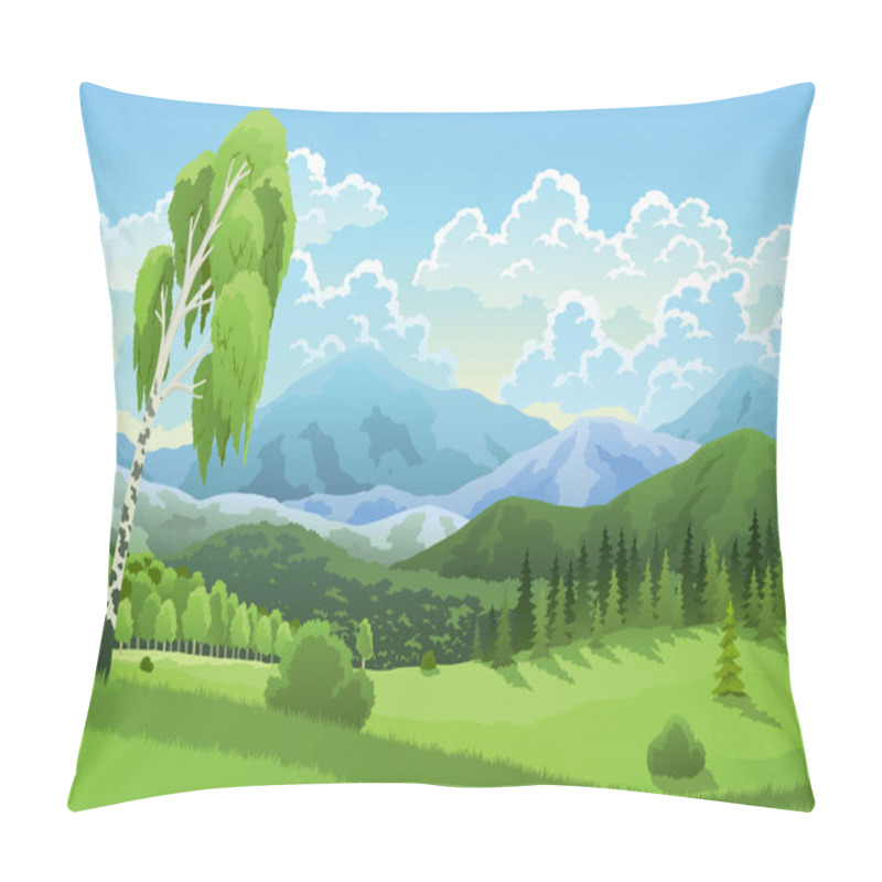 Personality  Landscape Mountains, Grasslands Meadows And Blue Sky With Clouds. Cartoon Flat Panorama Of Spring Summer Forest And Birch. Beautiful Nature Background. Vector Illustration. Pillow Covers