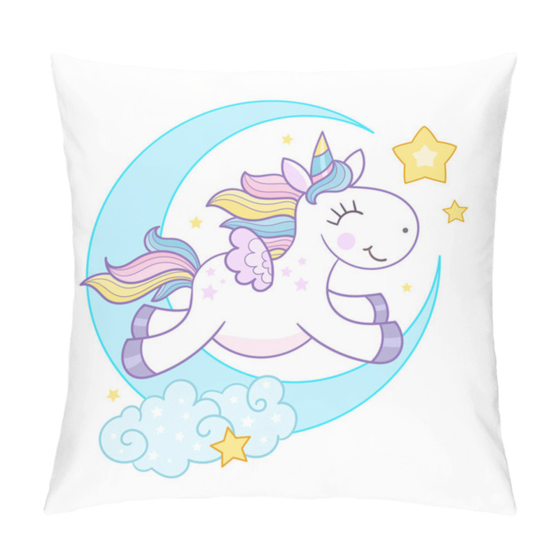 Personality  A Cheerful Rainbow Unicorn Jumps On The Moon With Stars. For Children's Design Of Prints, Posters, Cards, Stickers, Puzzles, Football, Cruds, Etc. Vector Illustration Pillow Covers