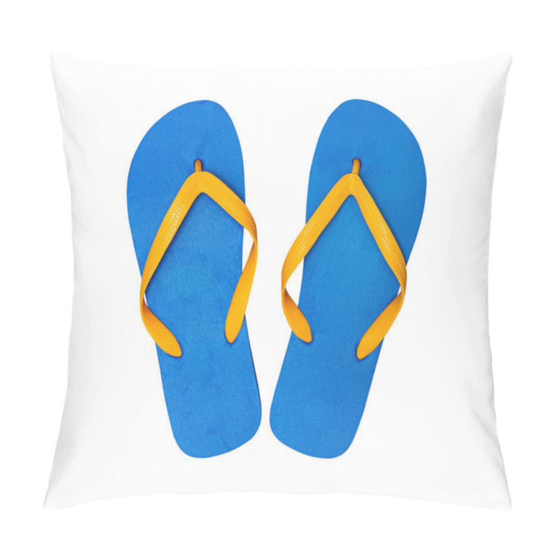 Personality  Beach Blue Flip Flops Shoes, Top View Isolated On White. Pillow Covers