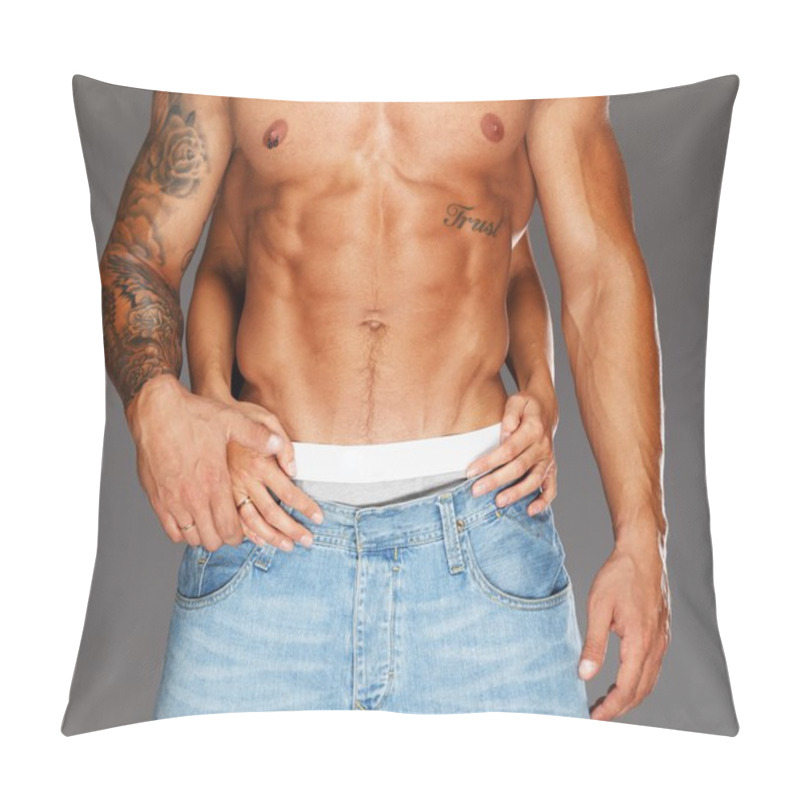 Personality  Woman's Hands Embracing Man With Naked Muscular Torso Pillow Covers