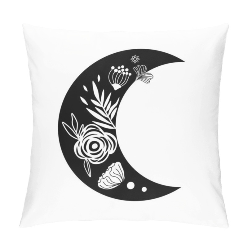 Personality  Floral Moon Logo. Beauty Black Moon Tattoo. Celestial Crescent Isolated. Hand Drawing Moon With Flowers And Leaves. Boho Element, Tribal Moon Shape Graphic Design. Ramadan Symbol. Vector Illustration. Pillow Covers