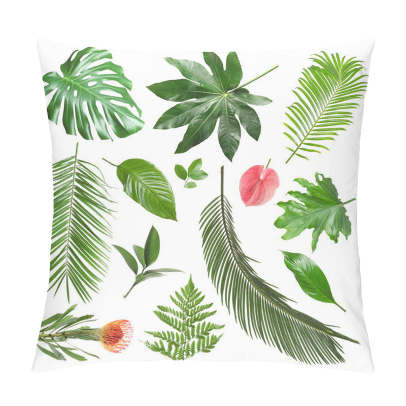 Personality  Set Of Different Fresh Tropical Leaves And Flowers On White Background Pillow Covers