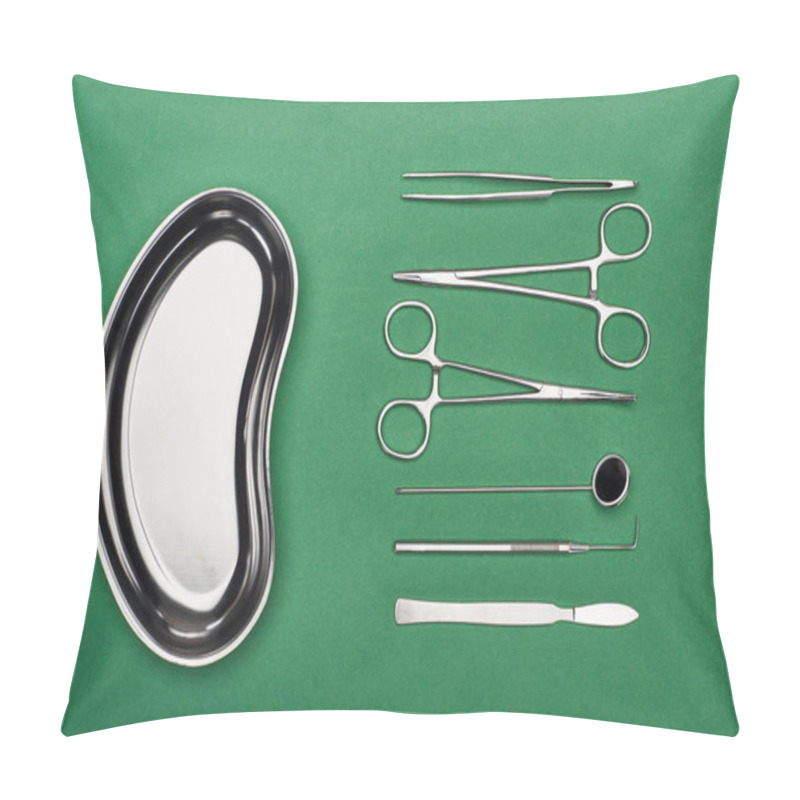 Personality  Top View Of Metallic Plate Near Set With Dental Tools And Scissors Isolated On Green  Pillow Covers