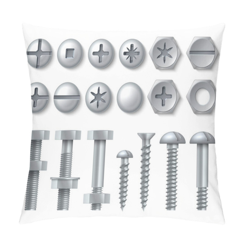 Personality  Metal Bolt And Screw. Realistic Steel Nails, Rivets And Stainless Self-tapping Screw Heads With Nuts And Washers. Vector Repair Set Pillow Covers