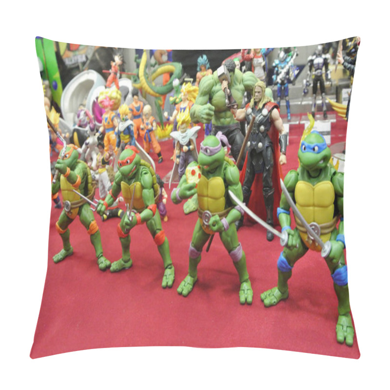 Personality  KUALA LUMPUR, MALAYSIA -MARCH 31: Selected Focused Of Fictional Action Figure Character TEENAGE MUTANT NINJA TURTLE. Displayed By Collector On Desk For Public.  Pillow Covers