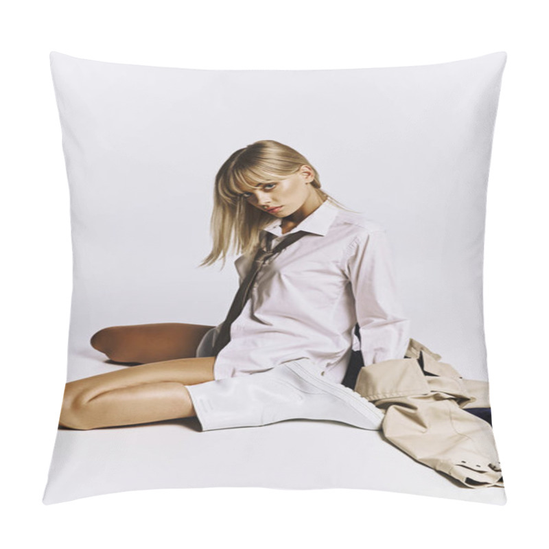 Personality  Stylish Woman In Shirt And Tie Sitting Gracefully On The Ground. Pillow Covers